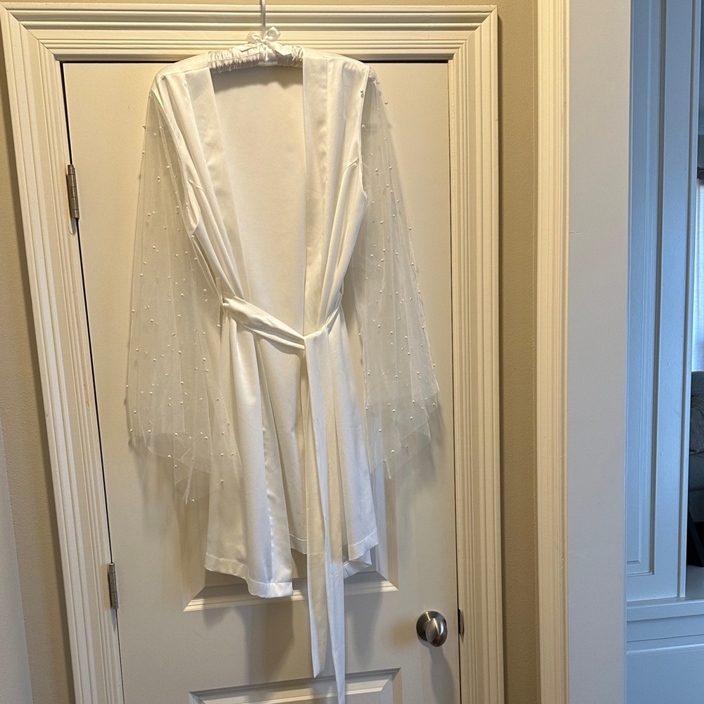 Elegant White Sheer Sleeve hand sewn satin/pearl Robe with bell sleeves